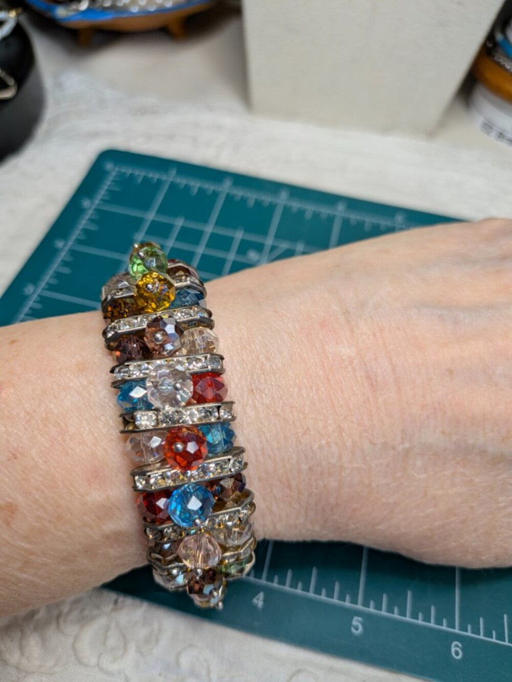Multi‑Color Crystal and Rhinestone Stretch Bracelet – 1″ Wide